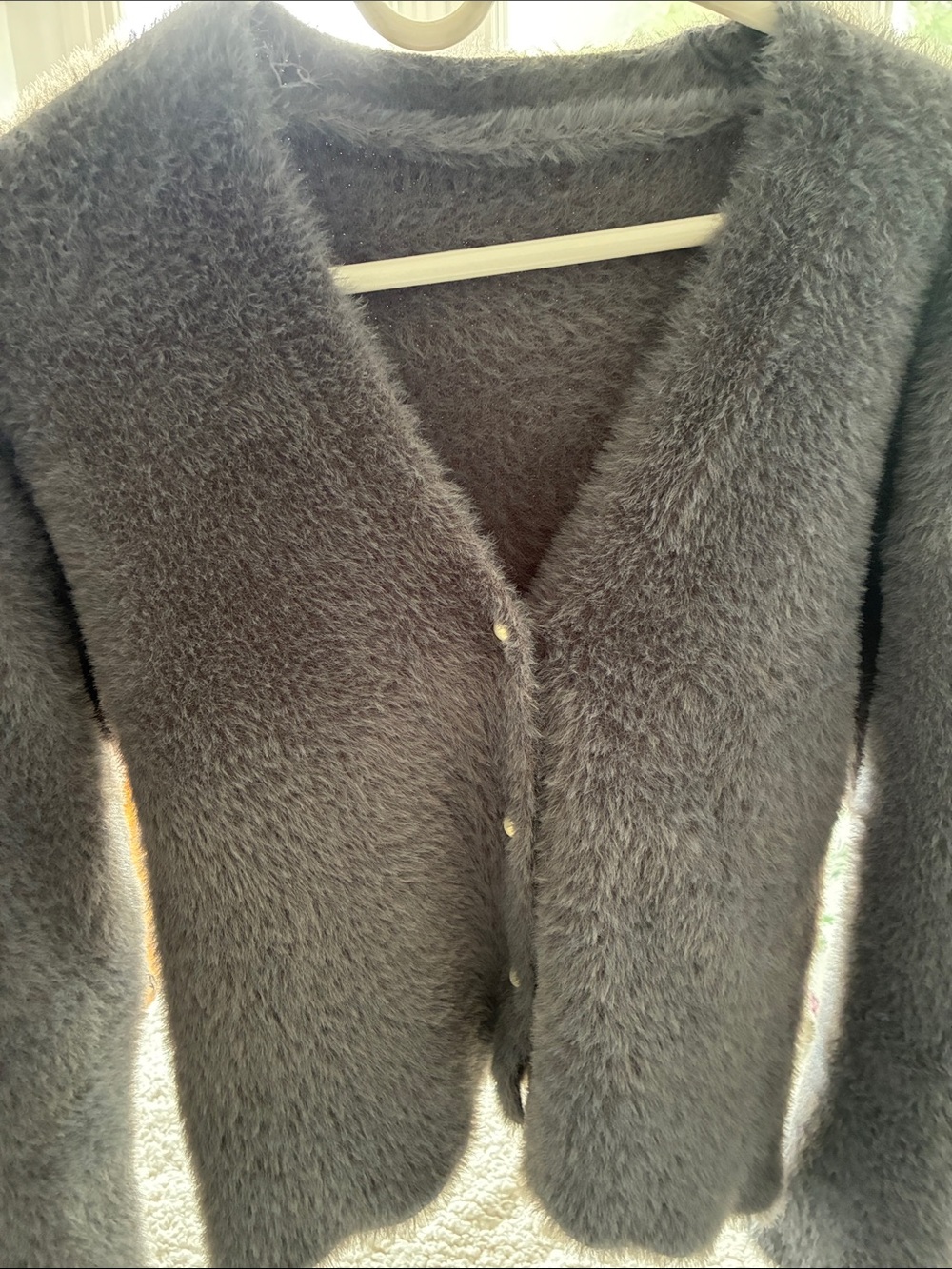 Plush V-Neck Fuzzy Button-Front Cardigan Sweater in Light Gray - Picture 2 of 2